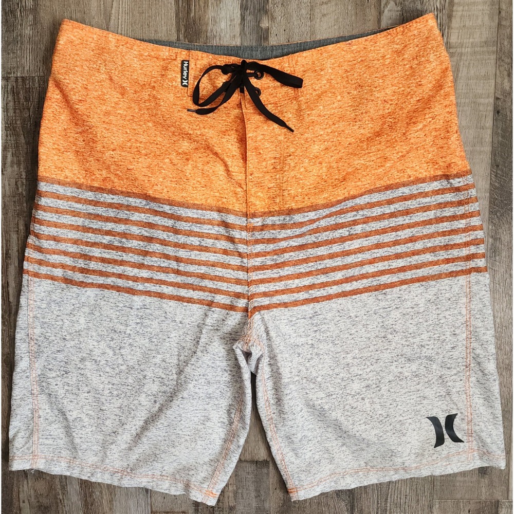Hurley Board Shorts Mens 32 Orange Grey Striped Swim Trunks Surf Beach
